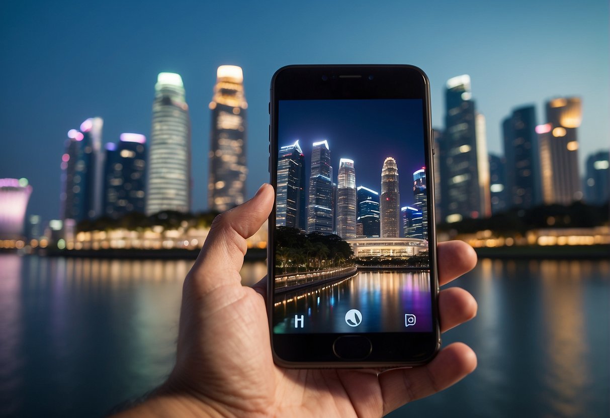 A smartphone with advanced features displayed against a backdrop of Singapore's iconic skyline and vibrant cityscape