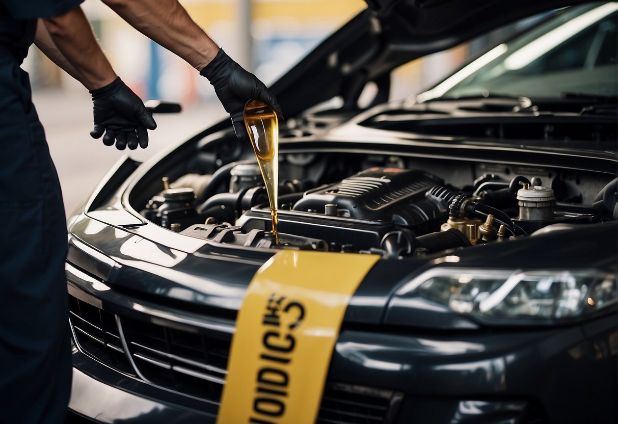 A mechanic pours engine oil into a car engine, with promotional signs and banners displayed in the background