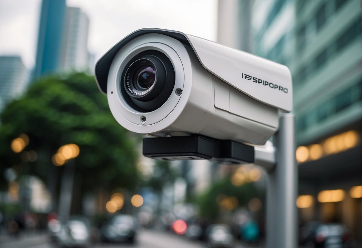 An IP camera mounted on a wall overlooking a bustling Singapore street, capturing the city's vibrant energy and Smart Security Solutions logo prominently displayed