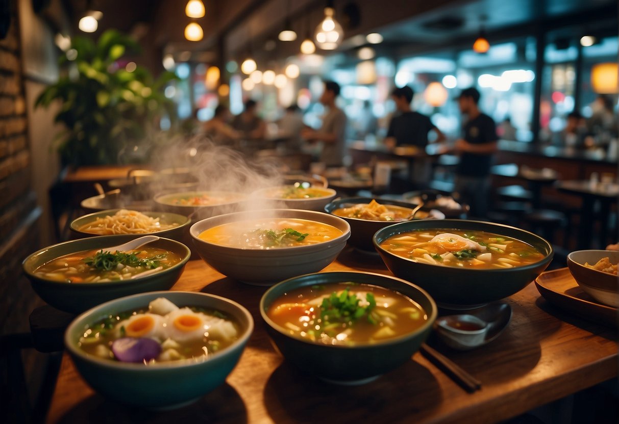 A bustling soup restaurant in Singapore, with colorful promotional signs and steaming bowls of soup on tables. Customers enjoy the cozy atmosphere and delicious aromas