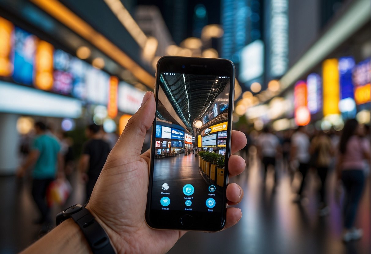 A smartphone surrounded by promotional banners and logos in Singapore