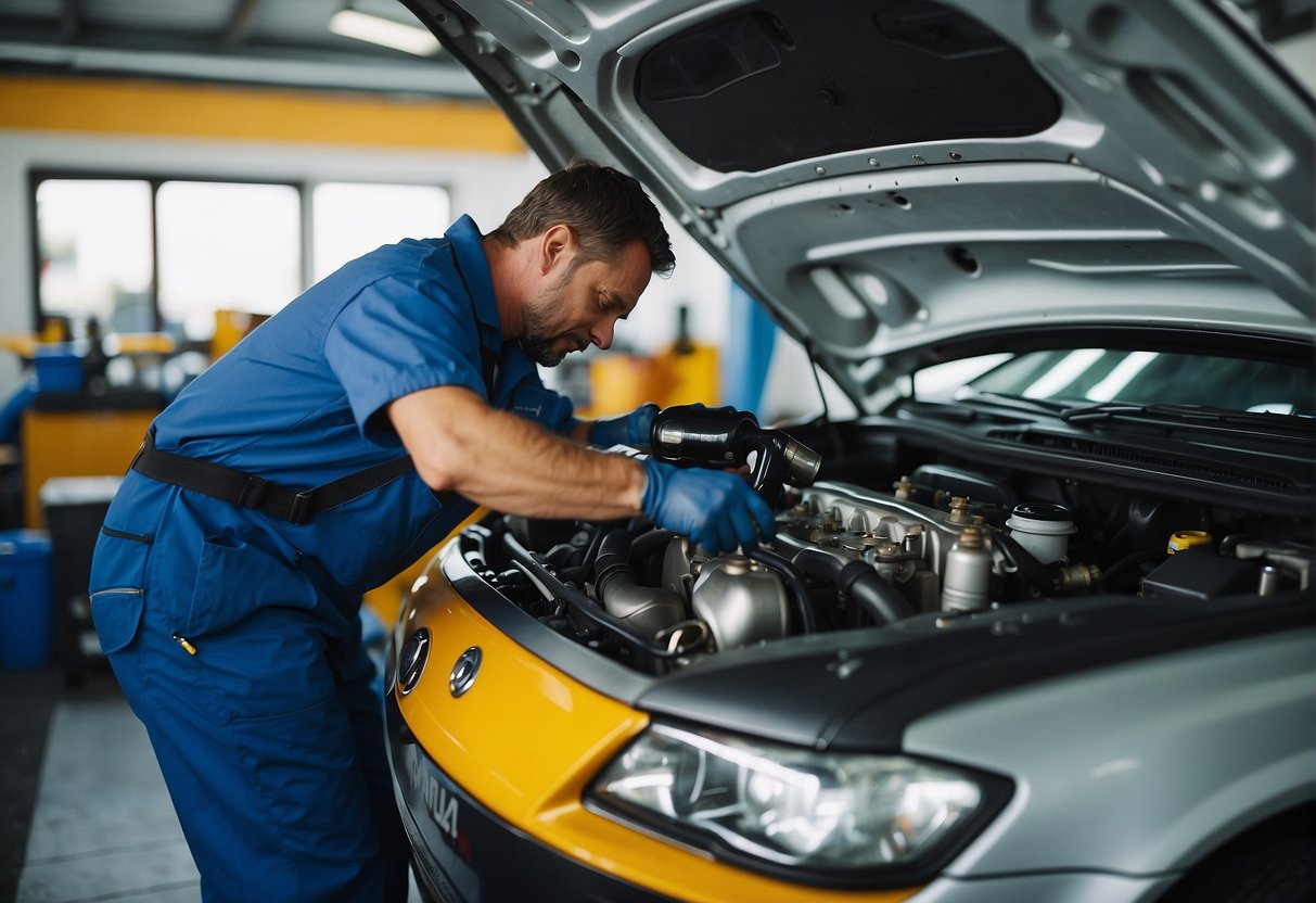 A mechanic pours engine oil into a car engine, with promotional signs for car servicing in the background