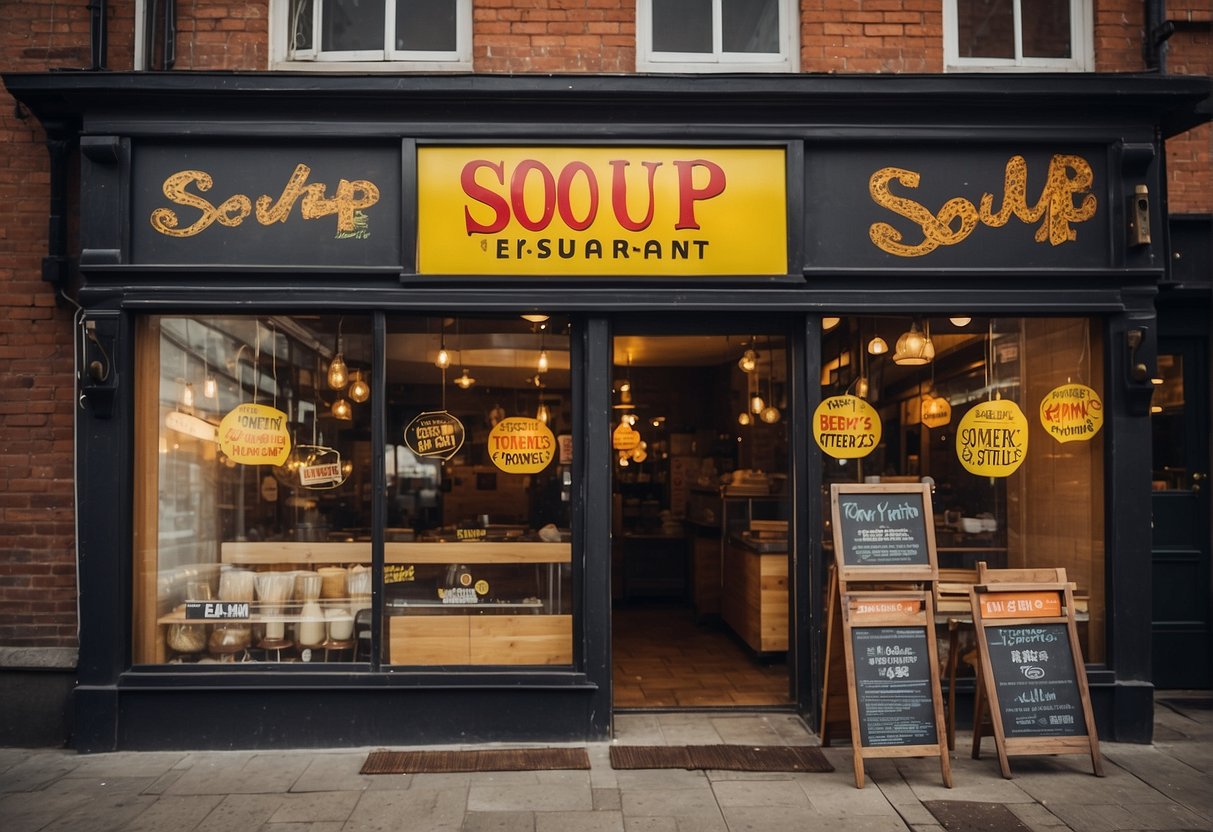 Colorful banners and signs adorn the exterior of Soup Restaurant, showcasing exciting promotions and discounts. The restaurant's logo is prominently displayed, drawing in hungry customers
