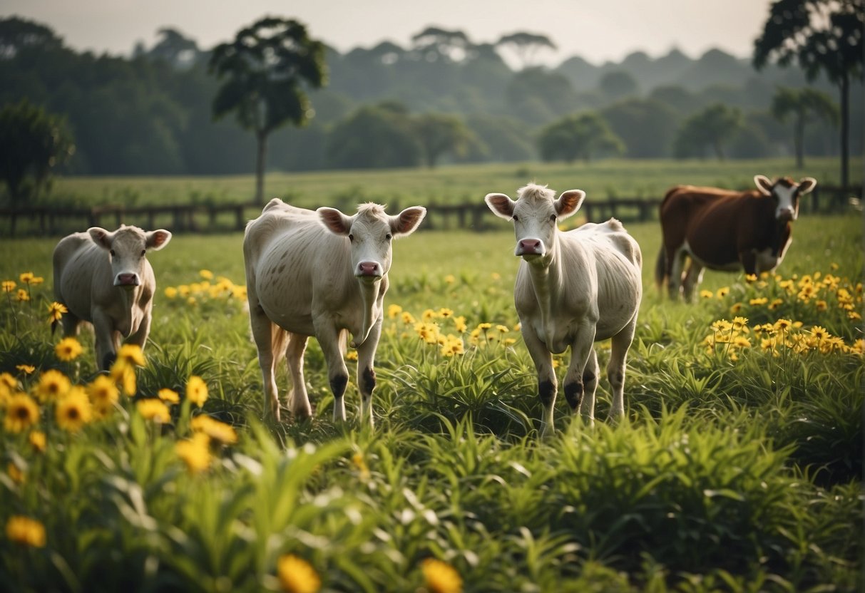 Lush green fields, colorful flowers, and grazing animals in a serene farm setting in Singapore
