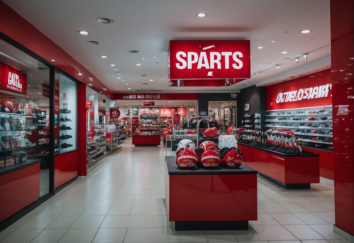 A vibrant store front with bold red and white signage, showcasing the latest sports equipment and gear, with customers browsing inside