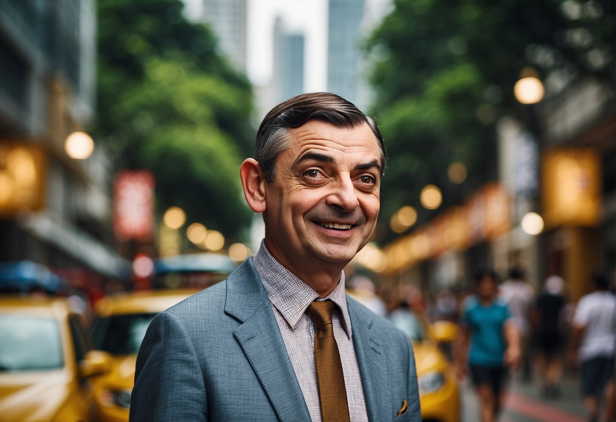 Mr. Bean promotions in Singapore: a bustling city street with iconic landmarks in the background, colorful banners and signs, and a lively atmosphere