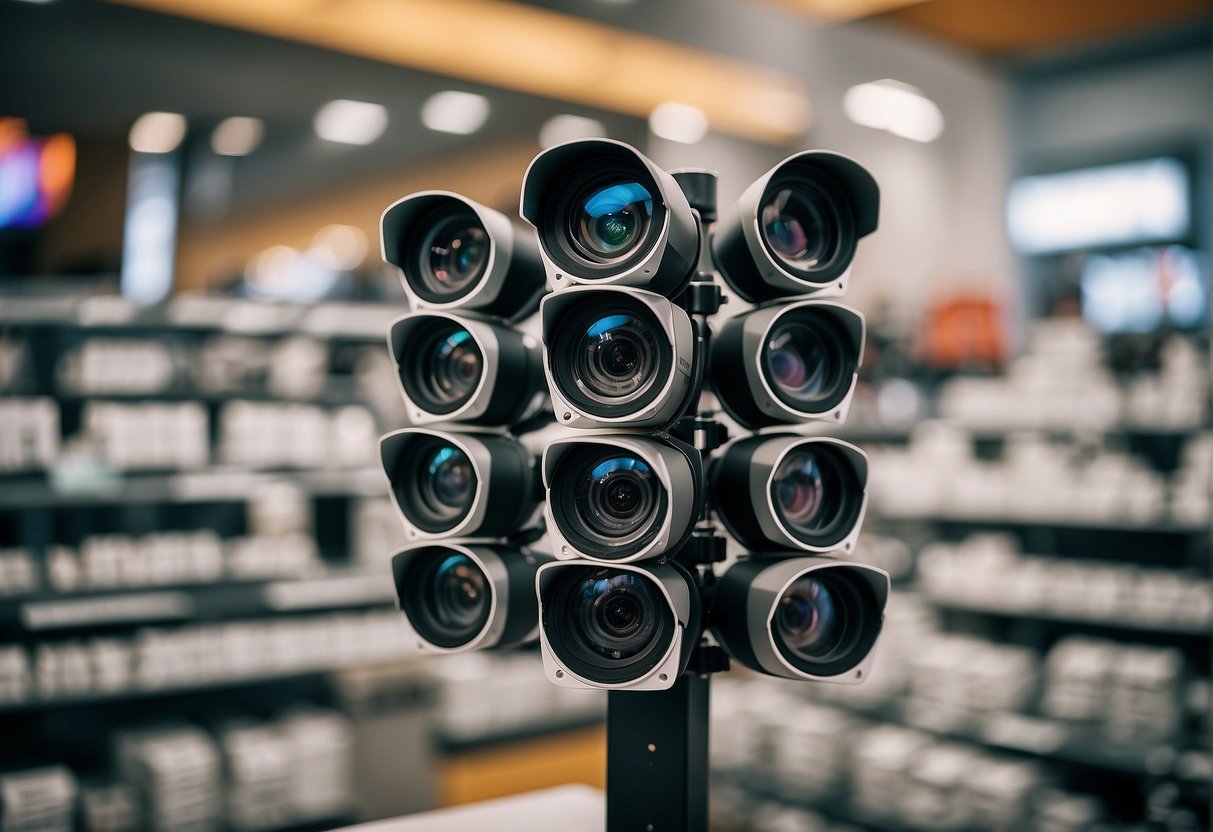 A stack of IP cameras with promotional banners in Singapore