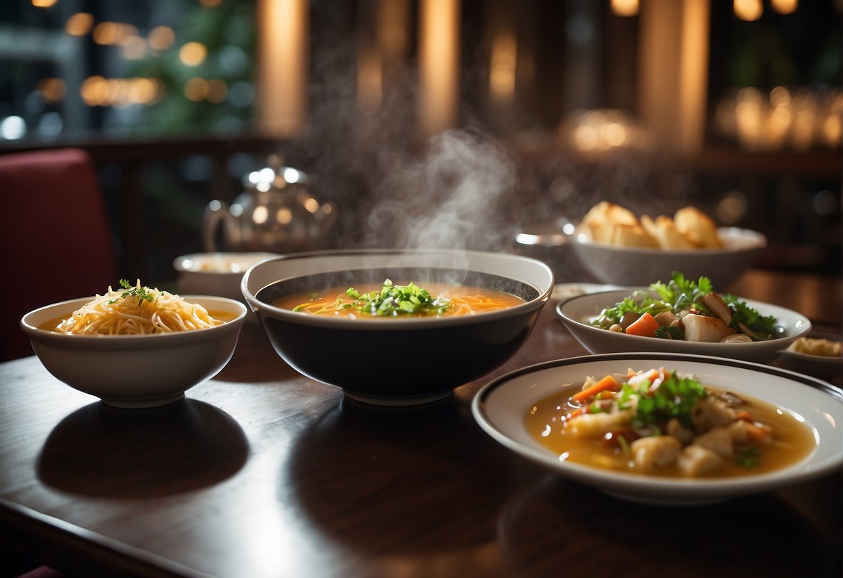 A table set with steaming bowls of soup, surrounded by elegant dining decor. A prominent sign displays "Exclusive Dining Promotions for OCBC Cardholders" at a Singaporean restaurant