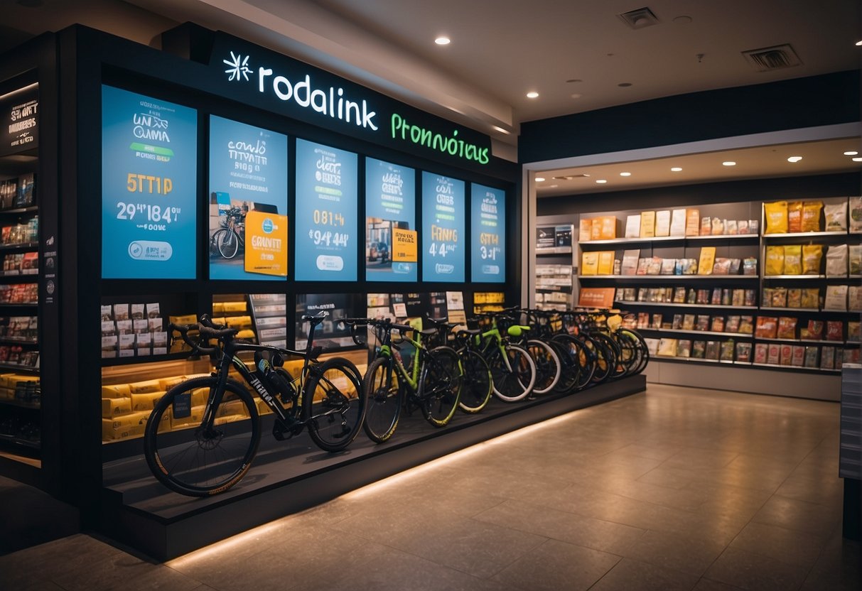 Brightly lit store display showcasing "Current Promotions" signage with various cycling products at Rodalink Singapore