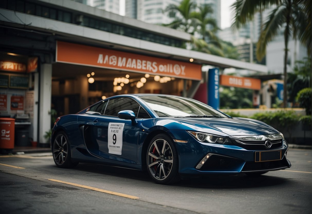 A sleek car with a prominent "Members Only" sign parked in front of a backdrop of engine oil bottles and promotional banners in Singapore