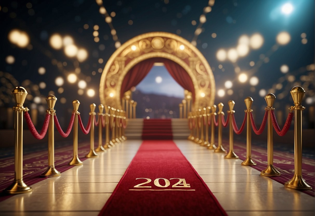A luxurious red carpet event with gold decorations and the "2024 Promotions" logo displayed prominently