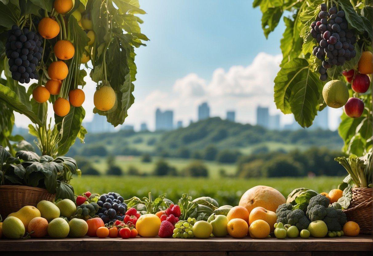 Lush green farm with vibrant fruits and vegetables, surrounded by clear blue skies and a gentle breeze. The farm is adorned with banners promoting health and nature in Singapore