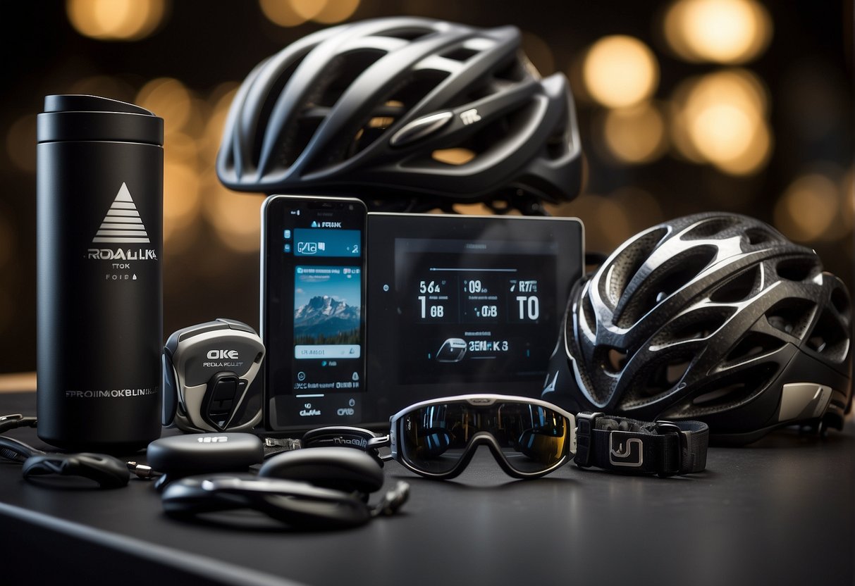 A display of essential cycling accessories arranged on a sleek, modern backdrop with the Rodalink logo prominently featured