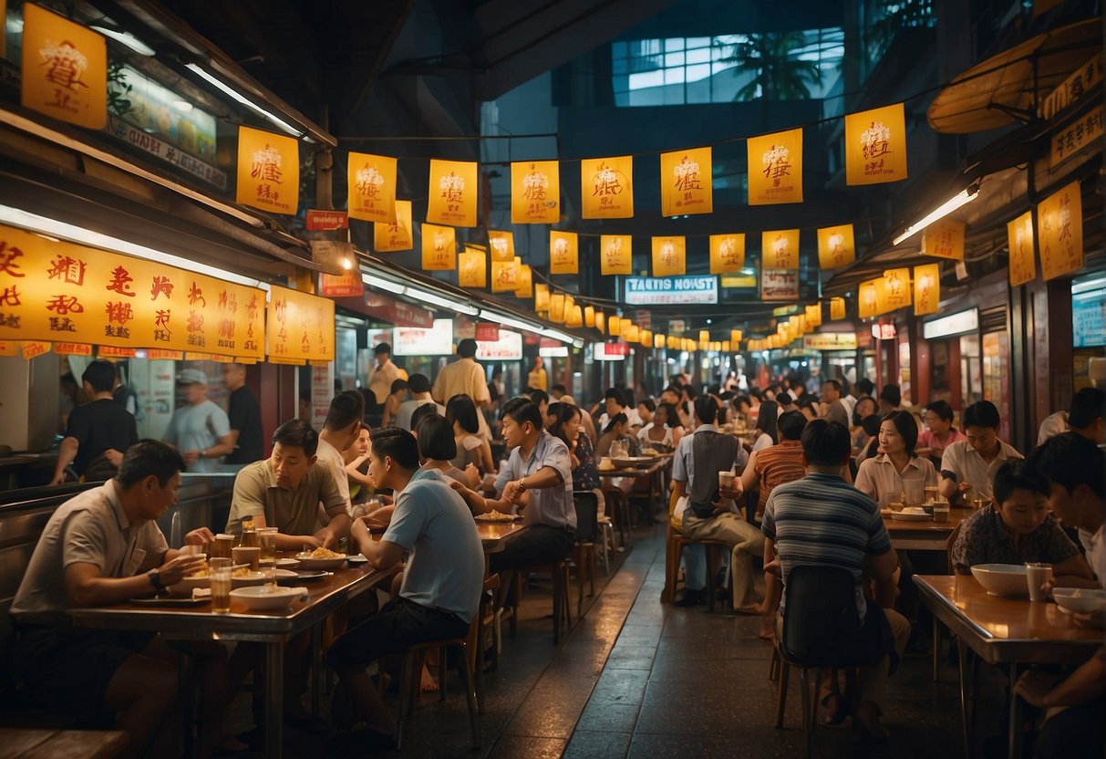 A bustling hawker center with colorful banners and signs advertising Chope promotions in Singapore. Tables filled with diverse dishes and people enjoying their meals