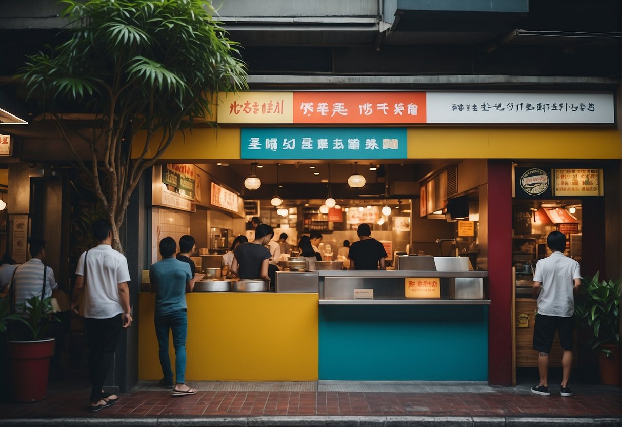 A bustling soup restaurant in Singapore with colorful signage, busy staff, and customers enjoying promotions