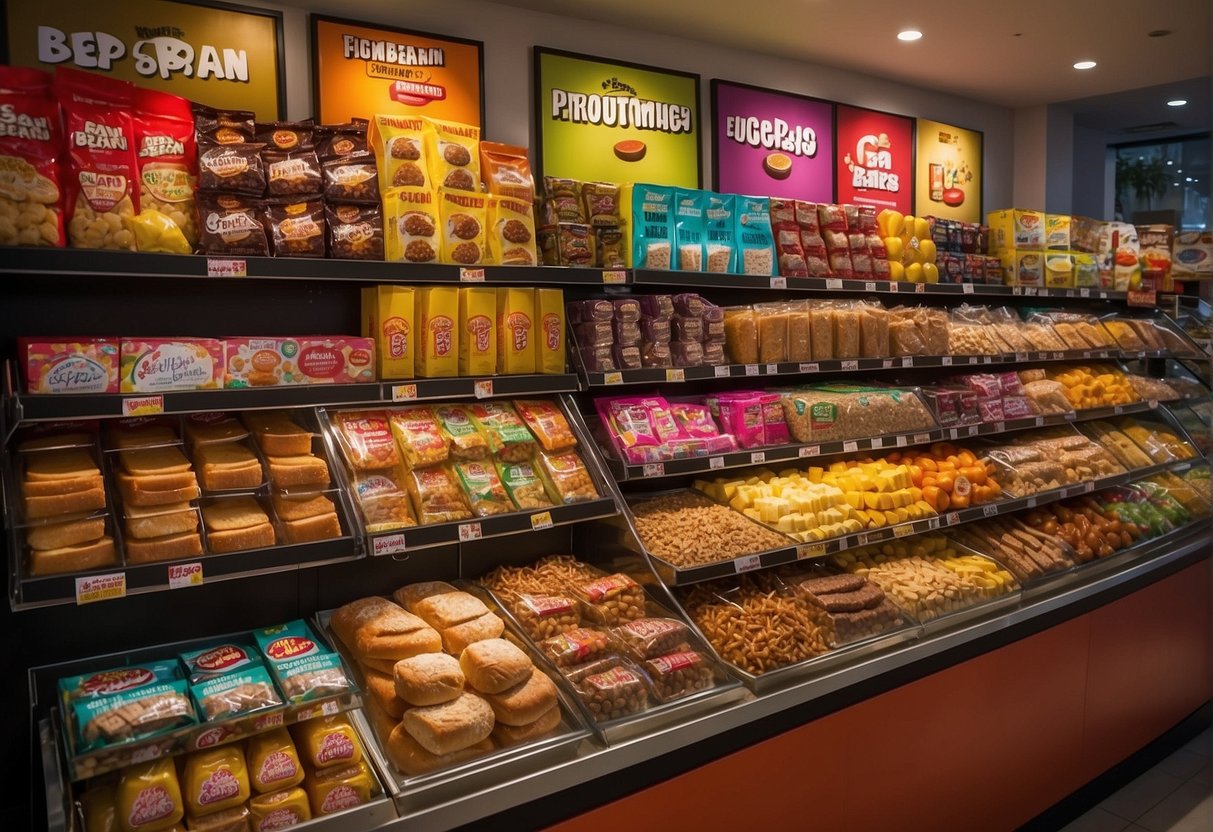 A colorful display of discounted treats at Mr Bean promotions in Singapore. Bright signs and tempting products draw in customers