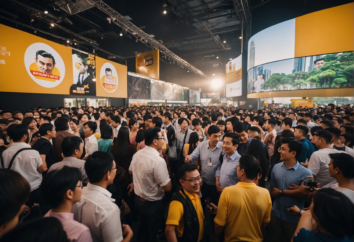 Mr. Bean promotions in Singapore: A crowded event with people lining up to ask questions, promotional banners and booths, and a lively atmosphere