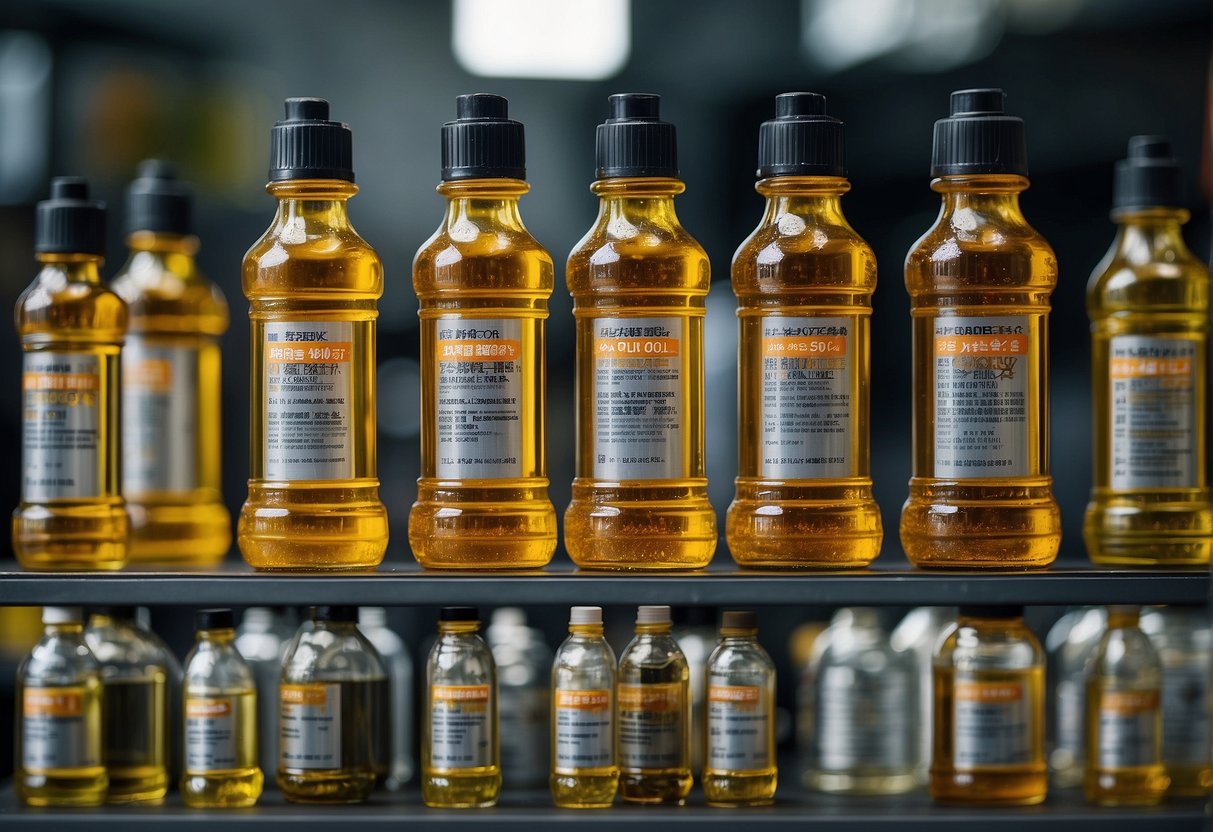 A display of engine oil bottles with promotional signs in a Singaporean auto shop