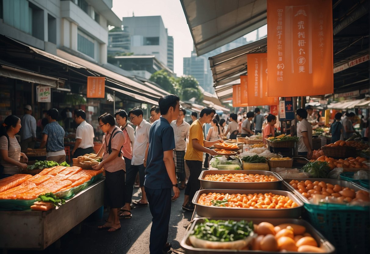 A bustling street market in Singapore showcases vibrant salmon promotions with colorful banners and enthusiastic customers