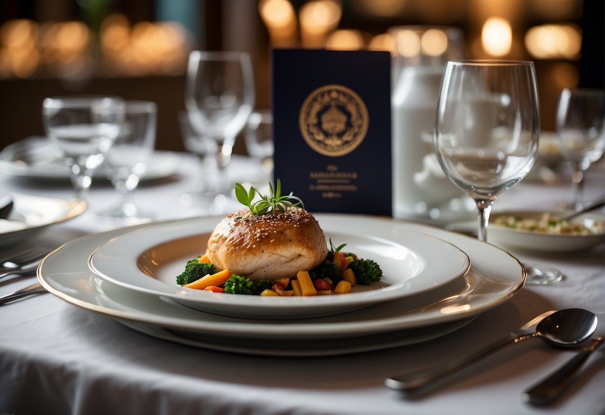 A table set with elegant dining ware and a menu displaying "Exclusive Dining Promotions 2024" at a prestigious restaurant in Singapore