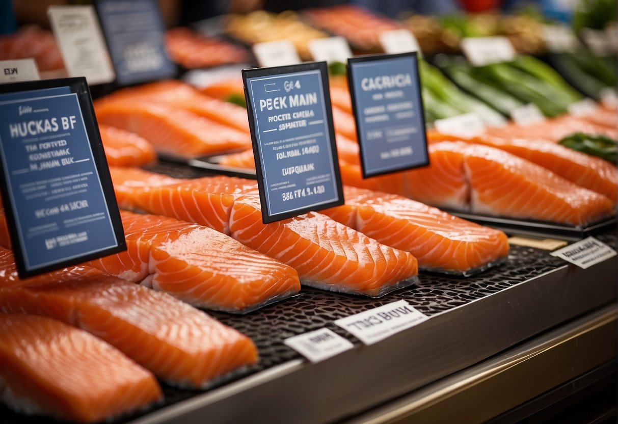 A display of fresh Norwegian salmon with promotional signage at a market stall in Singapore