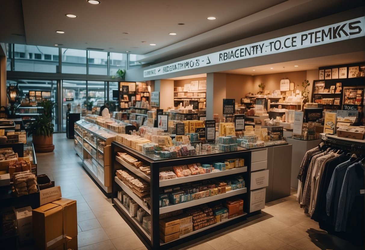 A crowded store with a prominent "Frequently Asked Questions" sign, surrounded by promotional materials and products, in Singapore