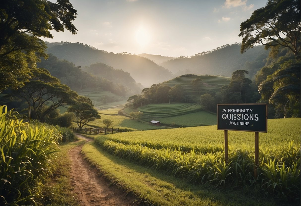 A serene farm landscape with colorful promotional banners and a sign reading "Frequently Asked Questions" in nature-themed Singapore
