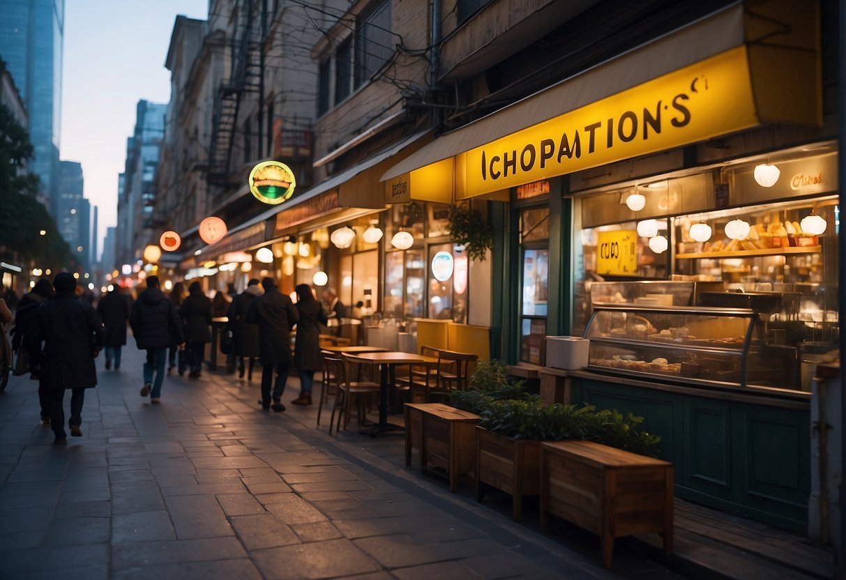 The bustling city street is lined with trendy eateries, each offering unique cuisine. Brightly colored signs advertise chope promotions, drawing in hungry patrons