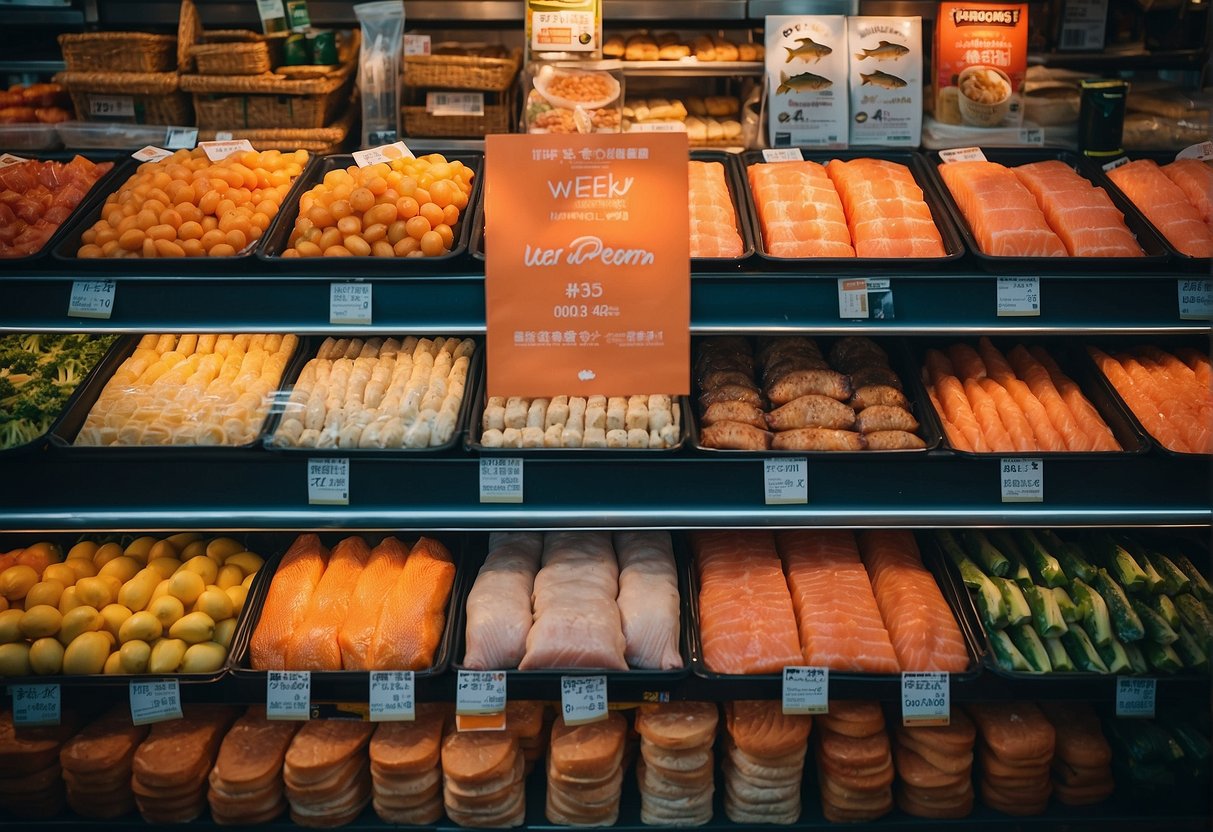 A colorful display of weekly promotions across various categories, including prominently featured salmon promotions, in a bustling market in Singapore