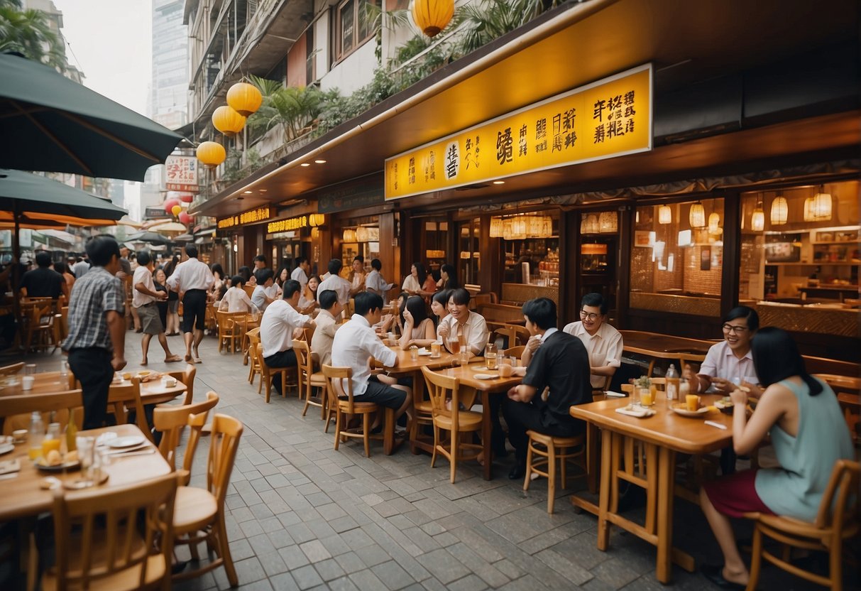 A vibrant and bustling restaurant scene with people enjoying food and drinks, while promotional signs for Chope Singapore are prominently displayed