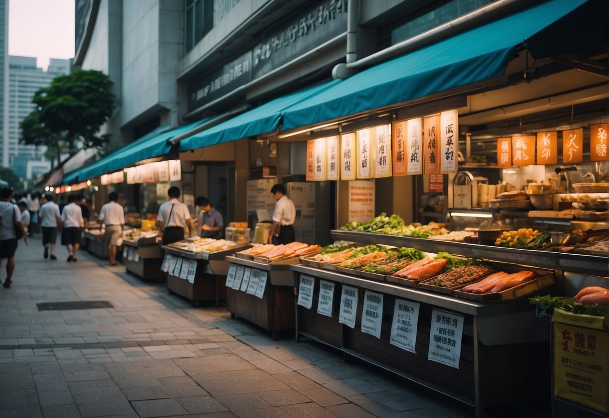 A bustling city street with colorful banners promoting salmon deals in Singapore. People stop to read the signs and enter the shops