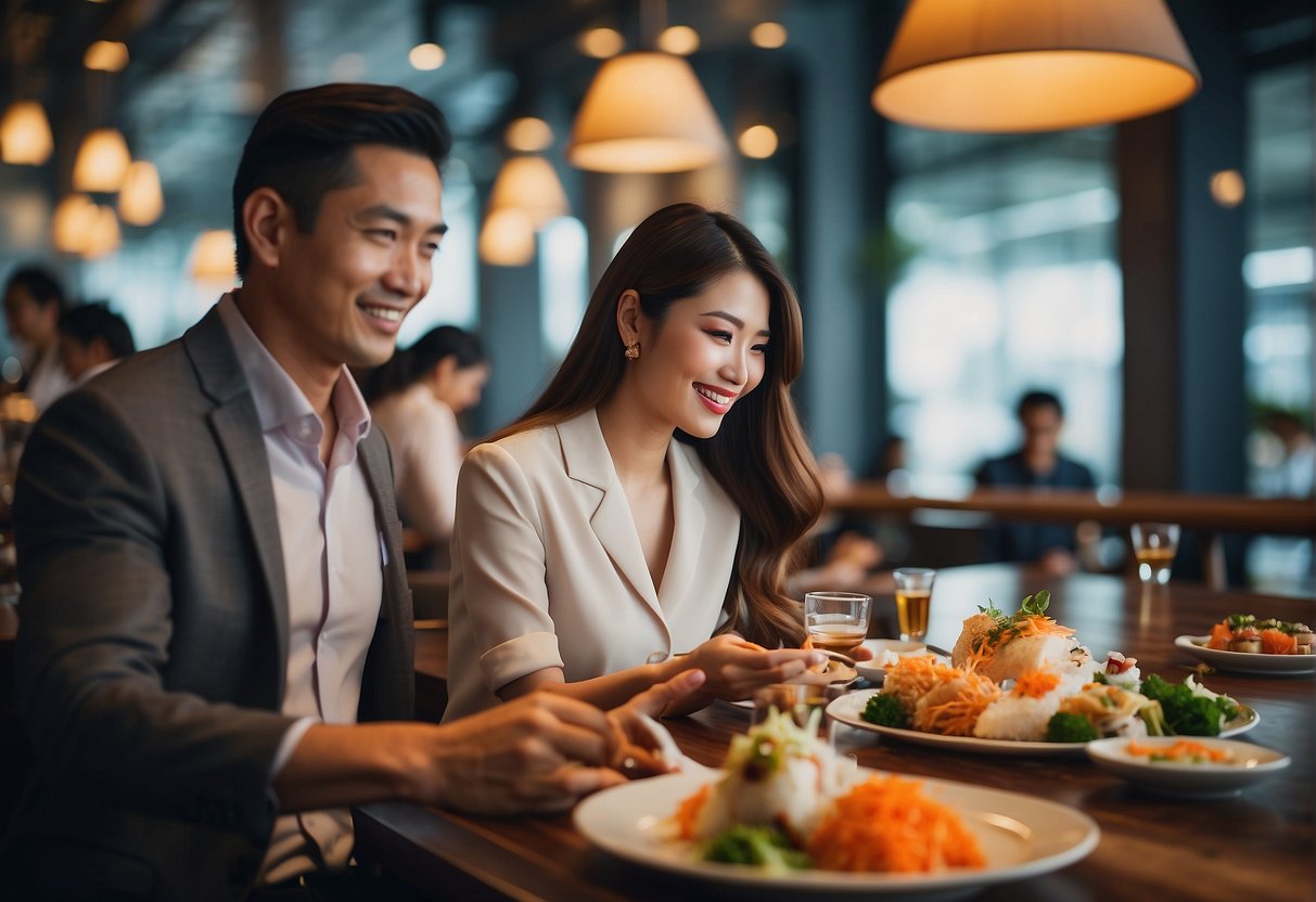 Customers enjoying exclusive dine-in offers at Marina One standing sushi bar, with vibrant promotions displayed in the background