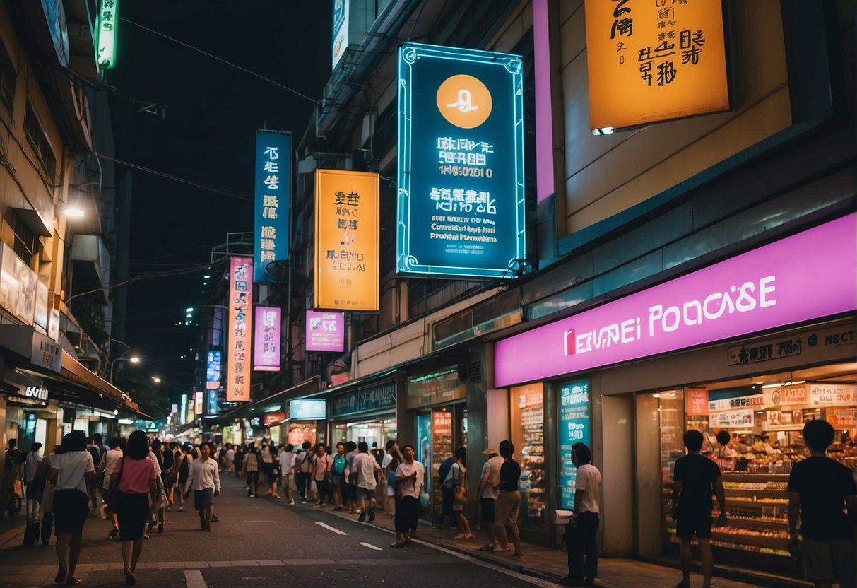 A bustling city street in Singapore with vibrant signage for "Everbest Promotions" illuminating the storefront. Pedestrians walk by, and the atmosphere is lively and energetic