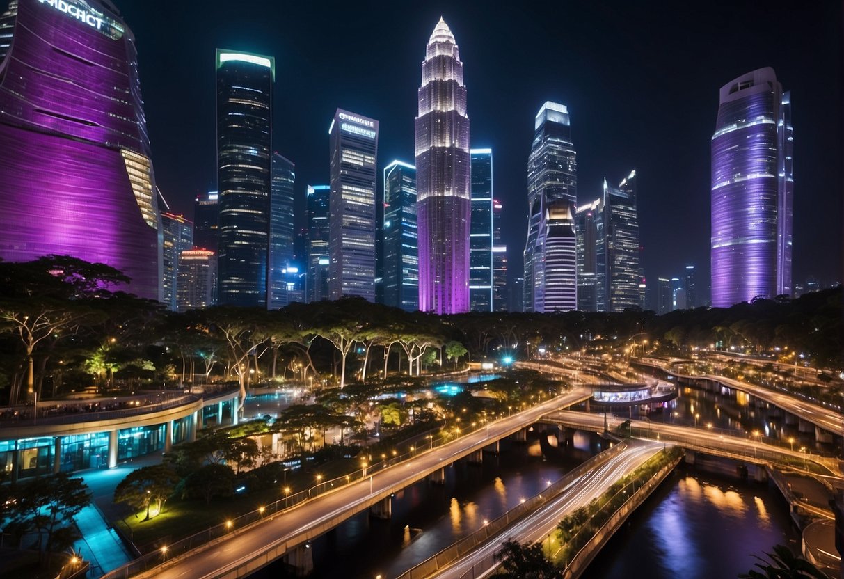 A vibrant cityscape with towering skyscrapers and neon lights, showcasing the excitement and energy of Summoners War promotions in Singapore