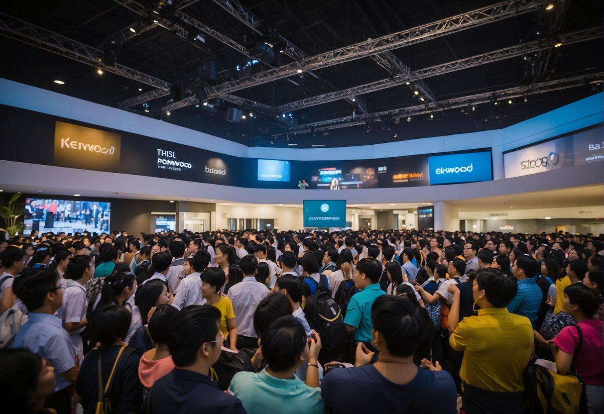 A bustling Kenwood promotions event in Singapore, with colorful displays, engaged attendees, and lively demonstrations