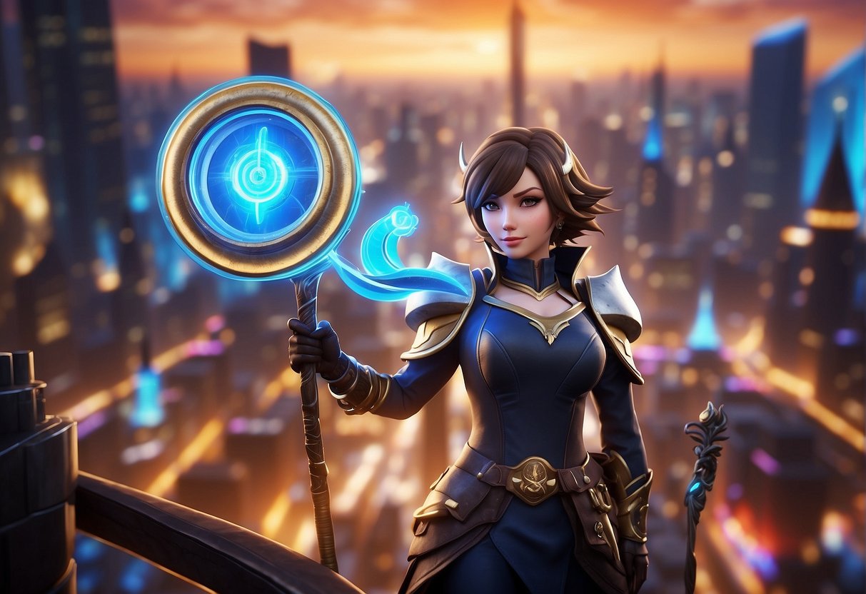 A vibrant city skyline with the Summoners War logo prominently displayed, surrounded by colorful promotional banners and excited fans