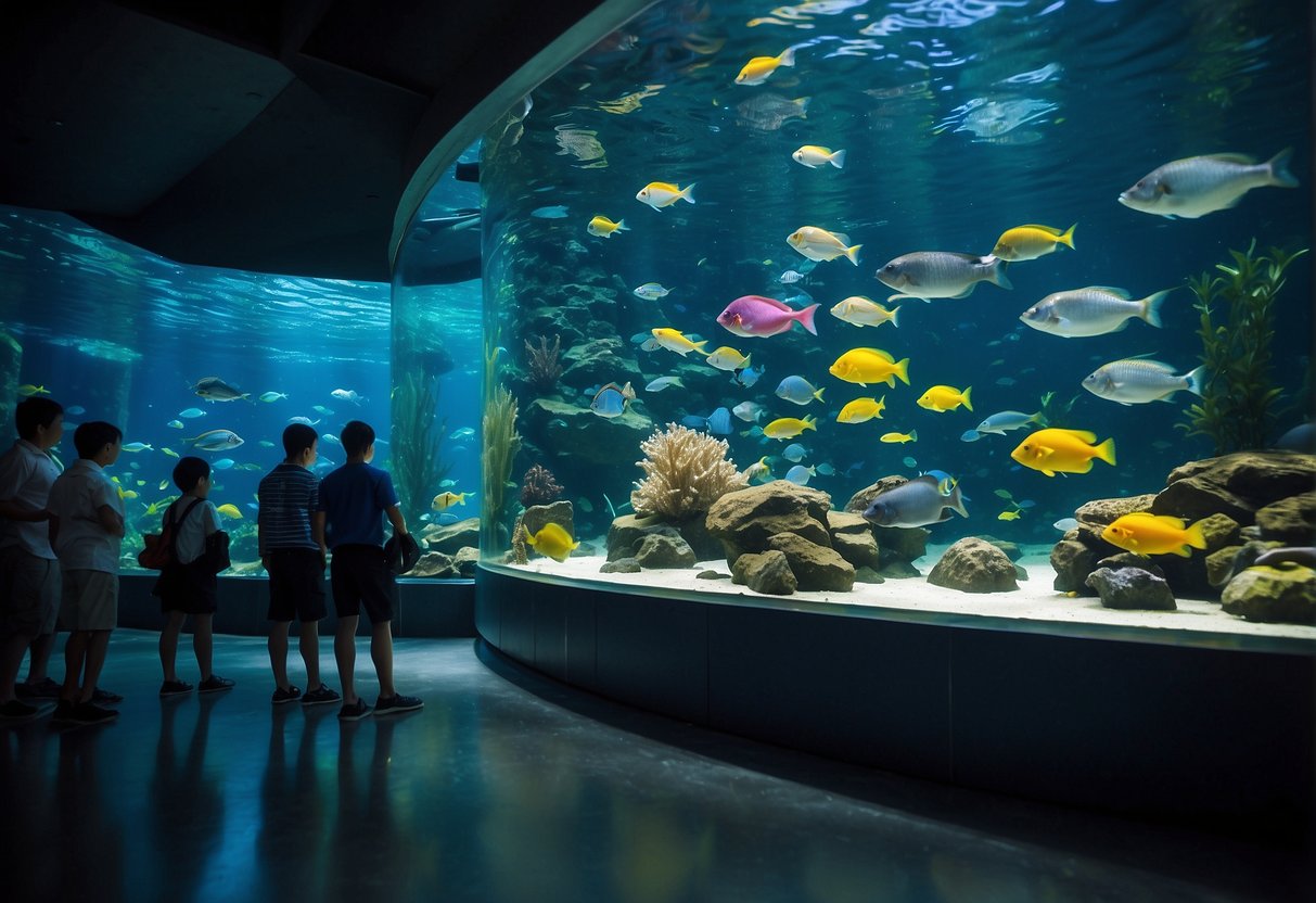 Colorful fish swim in large tanks, surrounded by excited visitors. Signs advertise promotions for the sea aquarium in Singapore