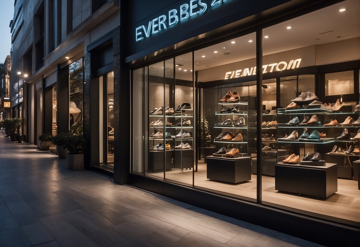Everbest shoes displayed on a sleek, modern storefront with bold promotional signs and elegant lighting