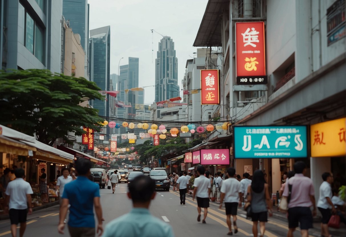 A bustling Singapore street with colorful banners and signs for "Jack's Promotions" lining the storefronts. Pedestrians walk by, and the city skyline looms in the background