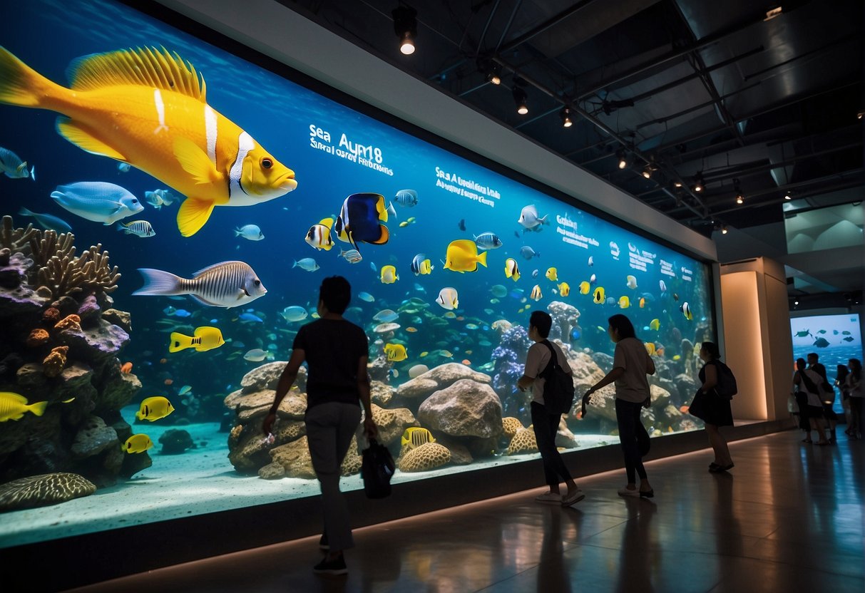 Colorful banners and signs promoting exclusive promotions for S.E.A. Aquarium in Singapore