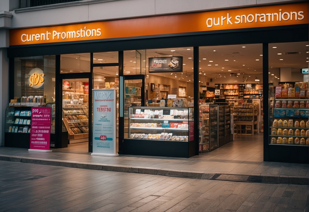Brightly lit store with "Current Promotions" signage, showcasing various products. Colorful displays and signs for Jack's Promotions in Singapore