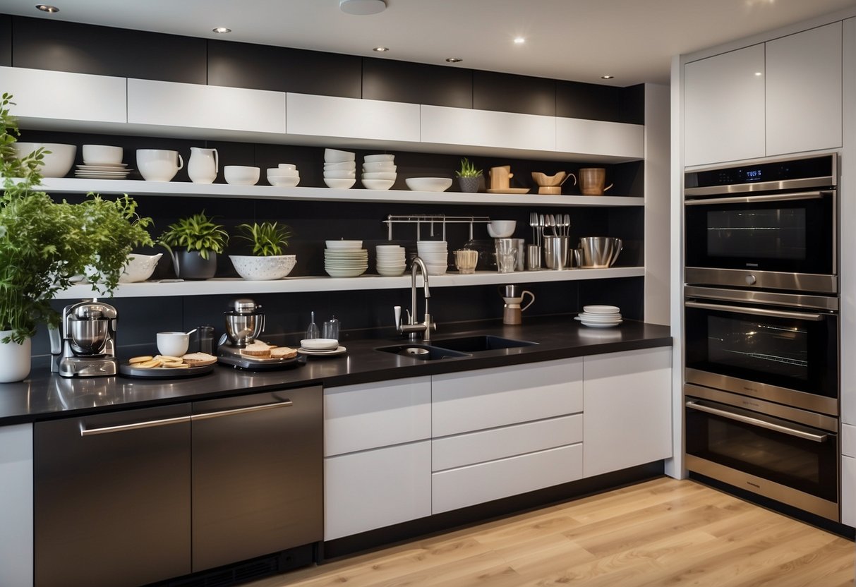 A kitchen filled with modern Kenwood appliances on sale, with vibrant promotional banners and excited customers browsing the exceptional deals