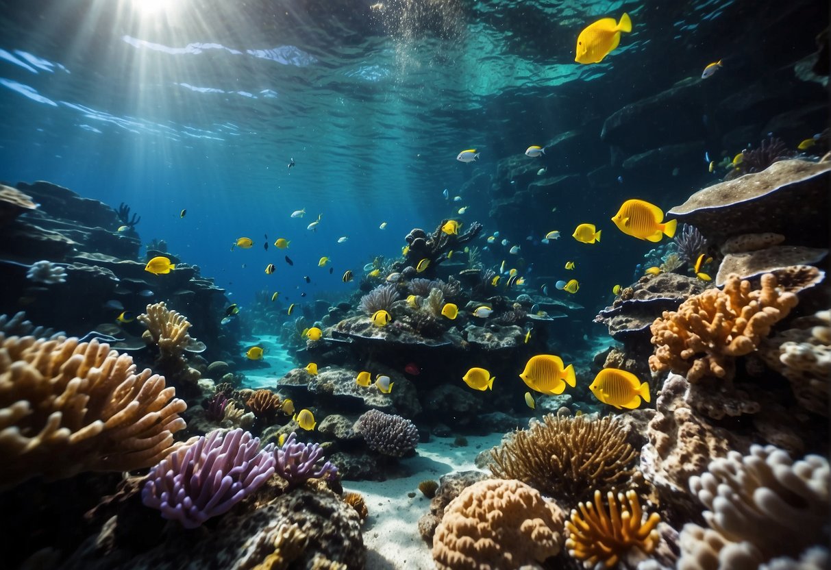 Colorful marine life swims through vibrant coral reefs, as divers explore the depths of the sea aquarium. Excitement fills the air as visitors marvel at the wonders of the underwater world