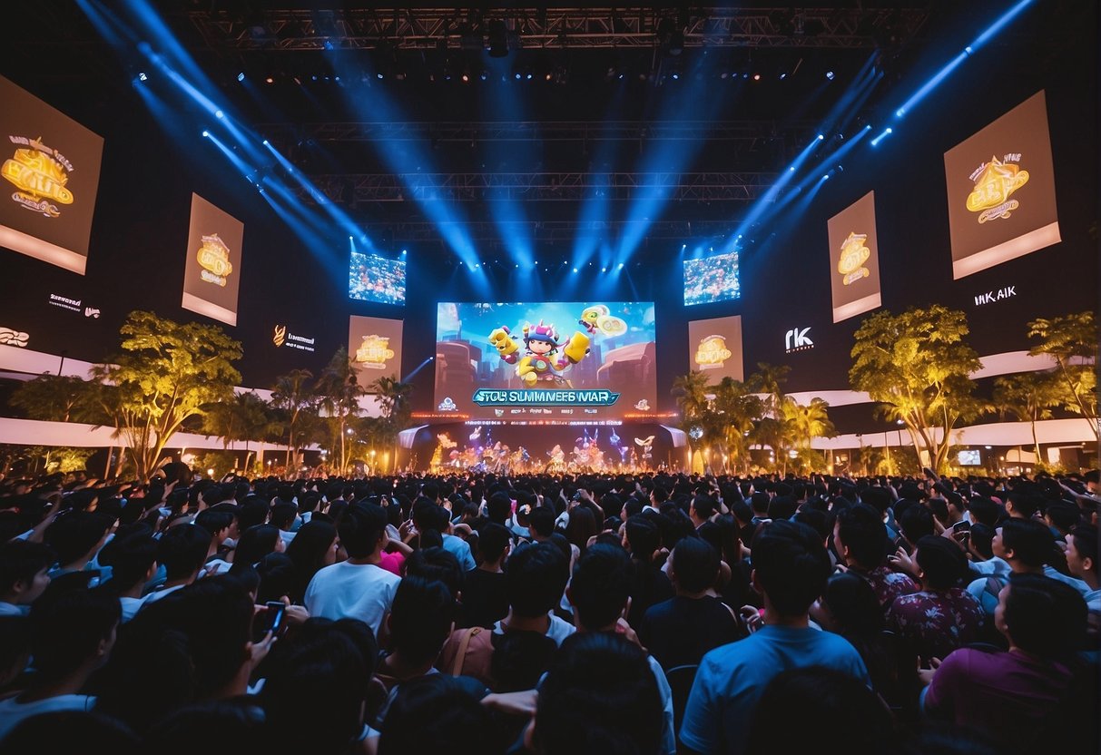 A promotional event for Summoners War in Singapore, with banners and a crowd of excited players