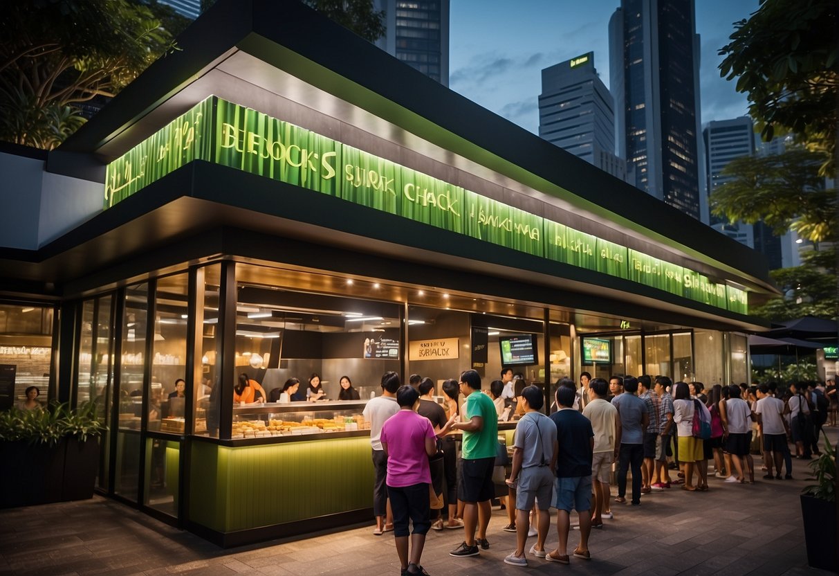 A bustling Shake Shack in Singapore with colorful promotional banners and a long line of customers eagerly waiting to order
