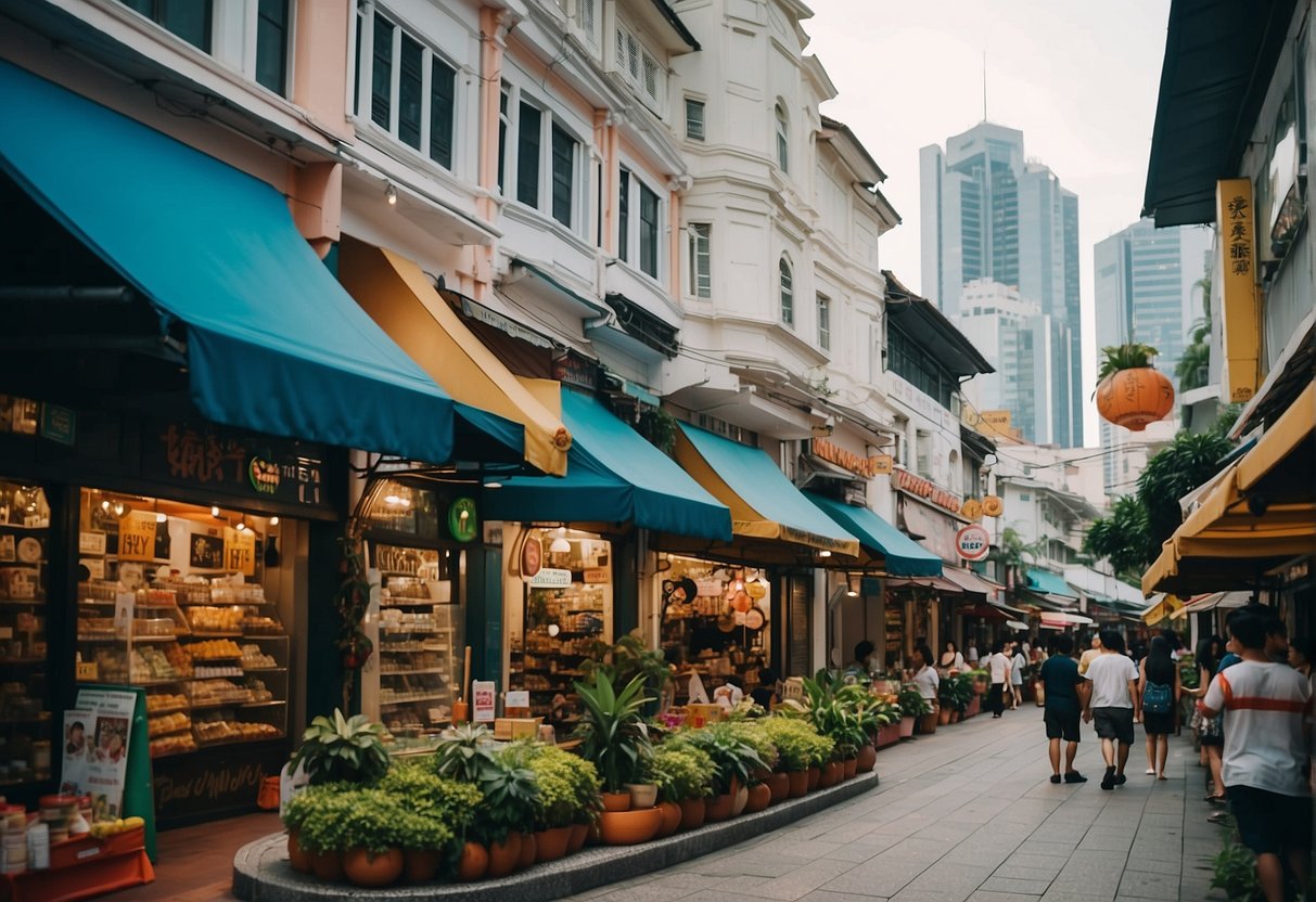 A bustling city street with colorful storefronts and vibrant signage, showcasing the various outlets and locations of Jack's Promotions in Singapore