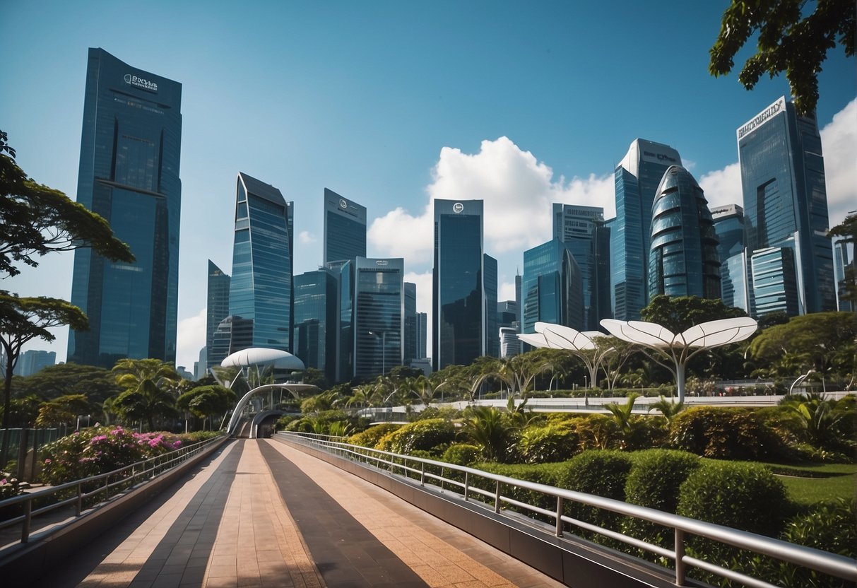 A vibrant cityscape of Singapore with iconic landmarks and a ClassPass promo displayed on billboards and digital screens