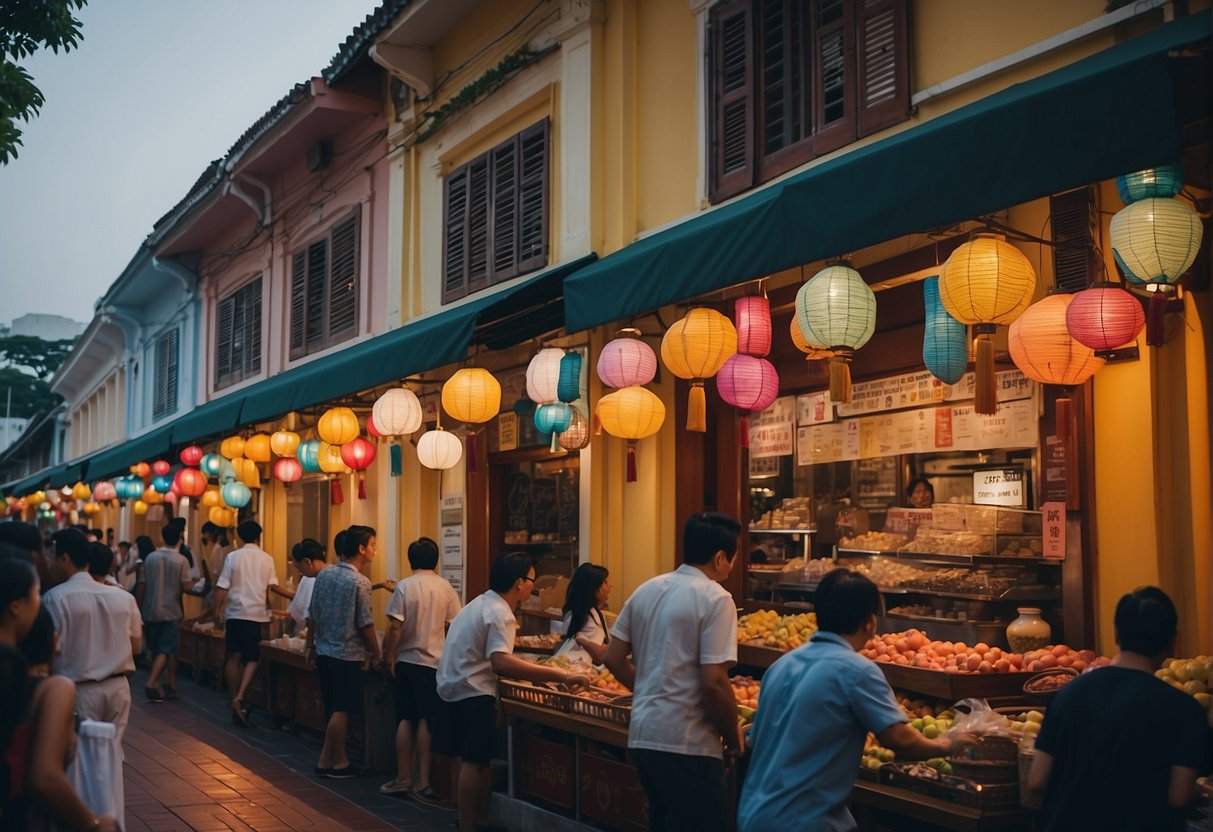 The bustling streets of old town Singapore are lined with colorful banners, bustling with activity and filled with the sounds of street vendors and excited shoppers