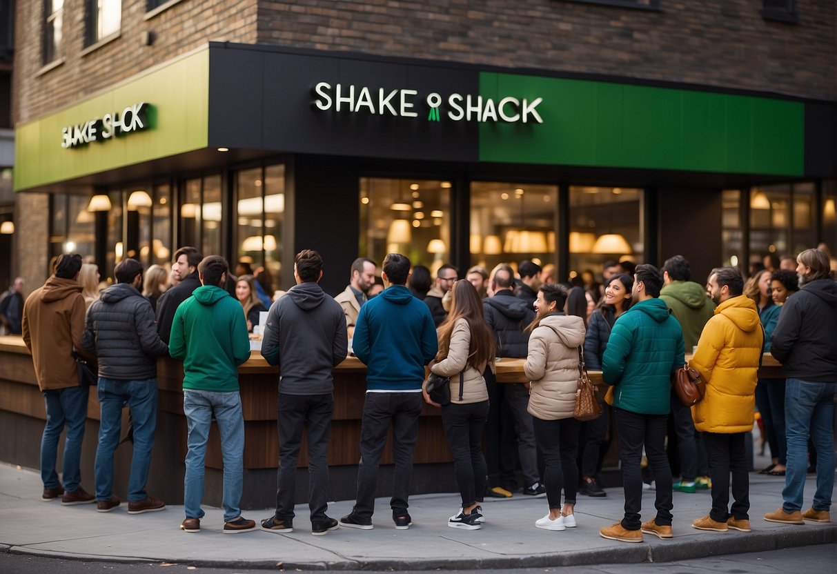 Customers eagerly line up outside Shake Shack, drawn in by the tantalizing aroma of sizzling burgers and the promise of a new, mouth-watering creation