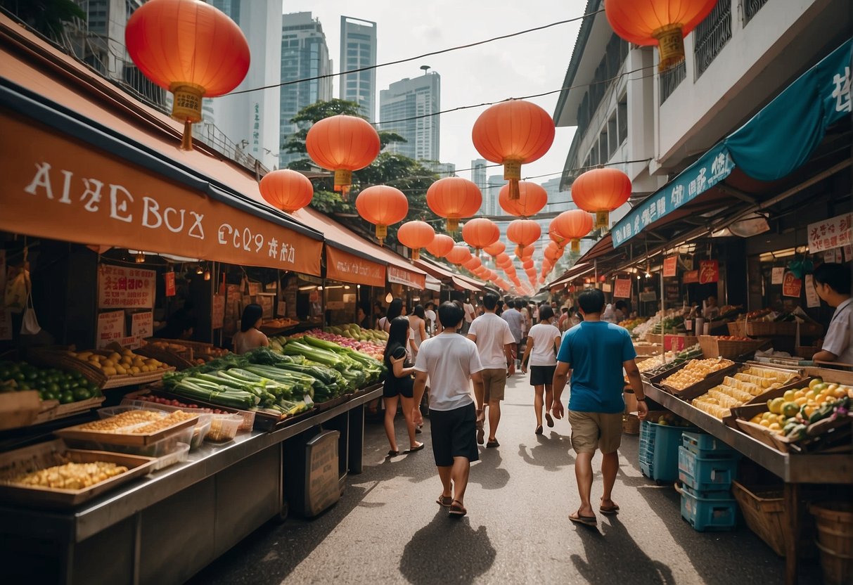 A bustling old town market in Singapore, adorned with colorful banners and signs promoting exclusive 2024 promotions